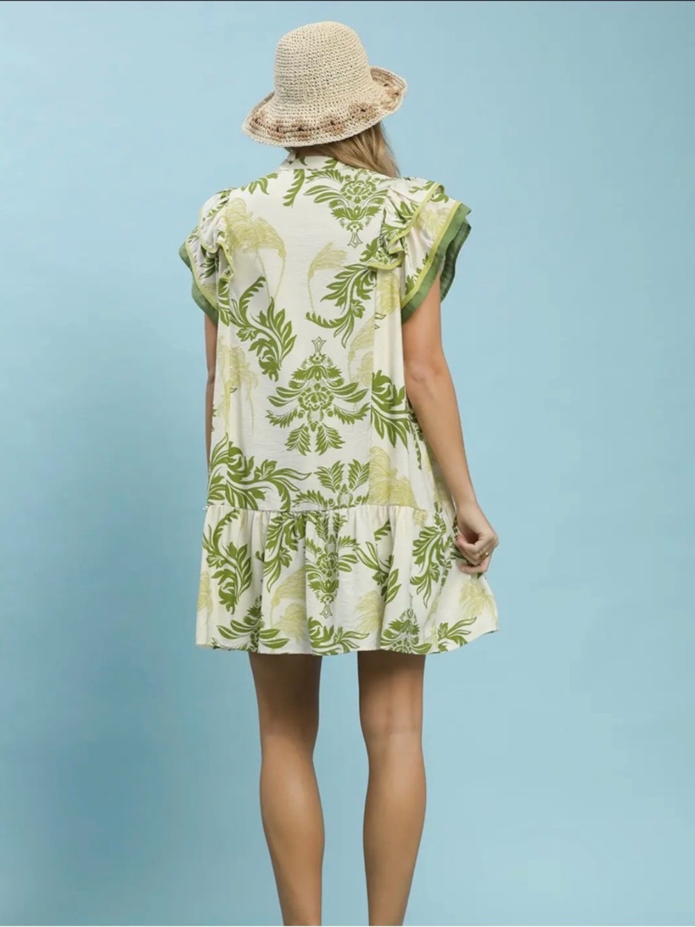 💚 Hello Sunshine! Umgee Toile Print Button-Front Mini Dress Dropped Ruffle Hem - Picture 6 of 11